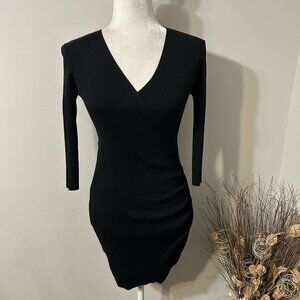 Sweet Rain Women Black Ribbed Faux Wrap Lightweight Bodycon Sweater Dress Sz L